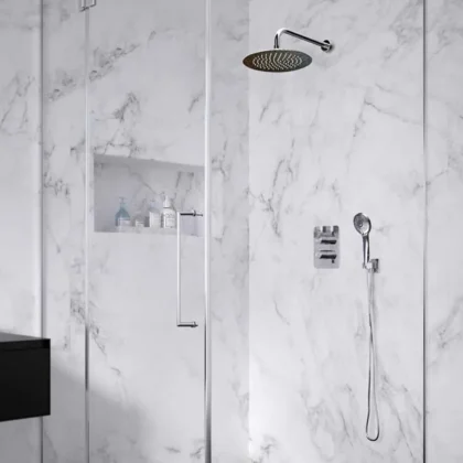 Conjunto termostático empotrado 2 vías con soporte y toma de agua, teleducha y rociador mural metálico Ø 250 mm Cromo